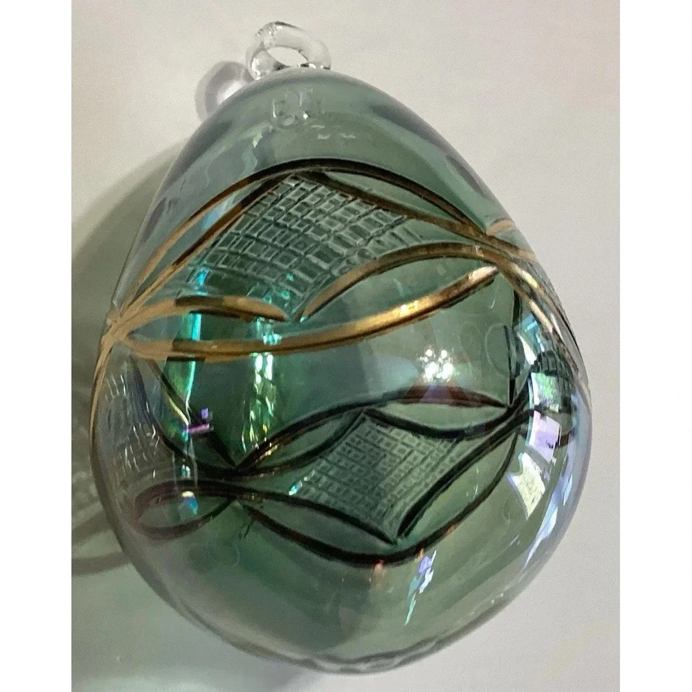 Christmas Ornament Hand Blown Glass Egg Shape Raised‎ Gold Designs Green Tint